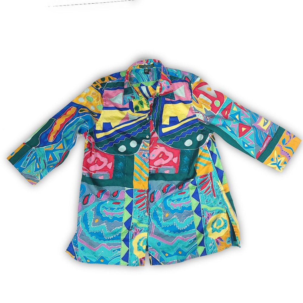 Lauren Ralph Lauren Petite Abstract Geometric Pop Art Cotton Button Down Shirt L